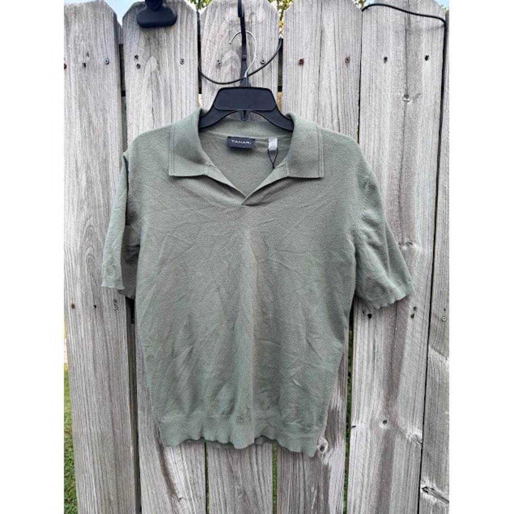 Quiet Luxury Tahari Knit Polo Sweater Small Green Short Sleeve V-Neck Preppy